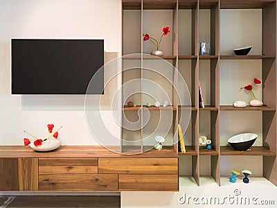 Television on wall an wooden timber shelf units Stock Photo