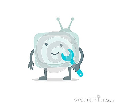 Televisor character with face, legs and hands. Repair set. Telly television goggle-box fixing with wrench set 404 Vector Illustration