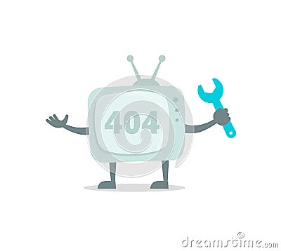 Televisor 404 character with legs and hands wrench. Repair tv fixing not available on reconstruction. Color vector Vector Illustration