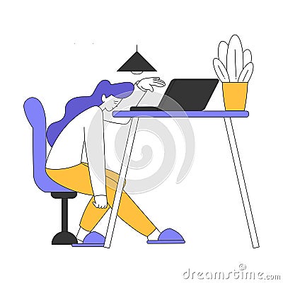 Teleworking with Young Tired Woman Sitting at Desk Vector Illustration Vector Illustration