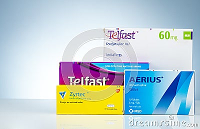 Telfast, Zyrtec, and Aerius in packaging. Non sedating antihistamine medicine. Fexofenadine, cetirizine, and desloratadine tablet Editorial Stock Photo