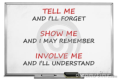 Tell me, show me, involve me, whiteboard Stock Photo