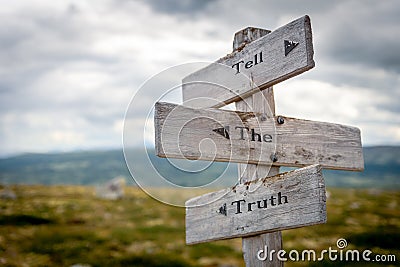 tell the truth text engraved on old wooden signpost outdoors in nature Cartoon Illustration