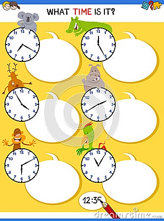 Telling time educational task with animals Vector Illustration