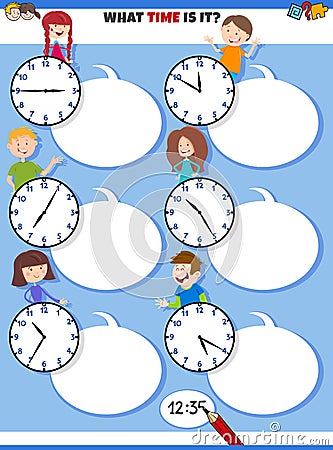 Telling time educational task with cartoon kids Vector Illustration