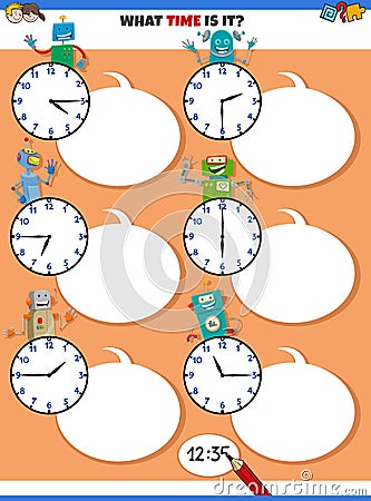Telling time educational task with funny robots Vector Illustration