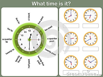 Telling time worksheet. write the time shown on the clock Vector Illustration