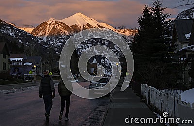 Telluride Alpenglow illuminates the Mountains of Telluride Colorado Editorial Stock Photo