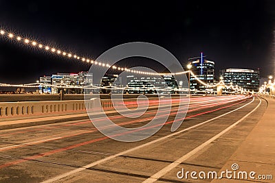 Night Skyline of Tempe Arizona with Light Trails along the Mill Editorial Stock Photo