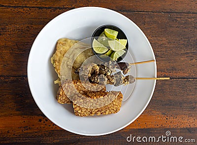 Tempe and Sate Ayam, Tempeh and chicken satay, with sliced kaffir limes on white plate Stock Photo