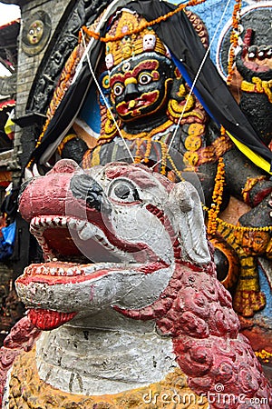 Tempel lion in front of the Hindu deity Kala Bhairav Stock Photo