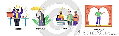 Temperament types. Infographic of persons with different moods. Angry choleric. Happy sanguine. Phlegmatic and Vector Illustration