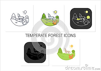 Temperate forest icons set Vector Illustration