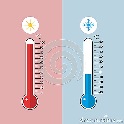 Temperature on celsius. Blue and red thermometer. Vector Illustration