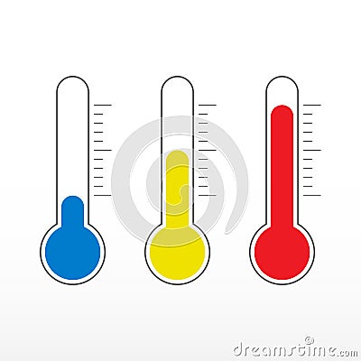 Temperature icons. Thermometer icon set in different colors. Cold, medium and hot temperature. Vector Illustration