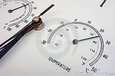 Temperature measurements. Needle instruments closeup. Weather conditions and meteorological parameters. Face of analog devises Stock Photo