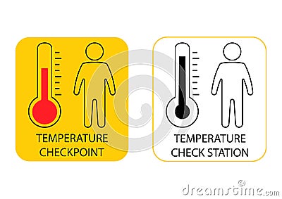 Temperature scanning sign. Check human body temperature, thin line icon. Checkpoint or station for measurement of fever. Vector Cartoon Illustration