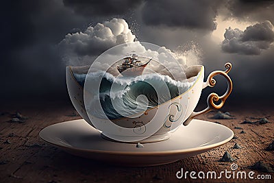 Tempest in a teacup. Storm at sea with tiny wooden ship inside a delicate tea cup and saucer. Storm clouds. Abstract. Stock Photo