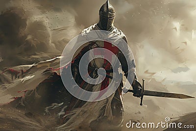 Templar Knight in Full Armor Standing Ready for Battle Stock Photo