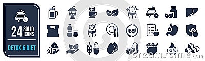 Detox and diet solid icons collection. Containing setup, gear, tool, configuration icons. Vector Illustration