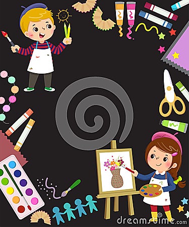 Template for advertising background in Art concept with two kid artists Vector Illustration