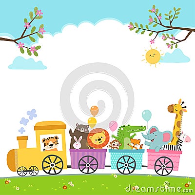 Template for advertising brochure with cartoon of happy animals on the train Vector Illustration