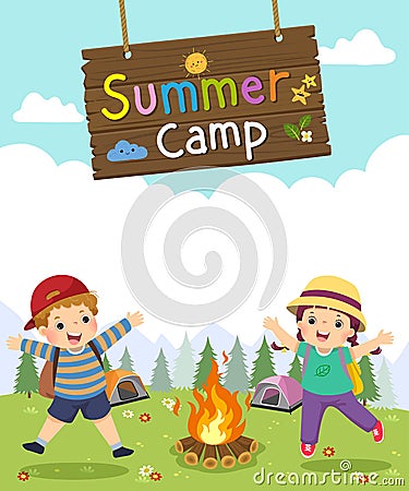 Template for advertising brochure with cartoon of kids with wooden camping sign. Vector Illustration