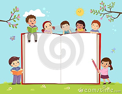 Template for advertising brochure with kids and opened book on the field Vector Illustration