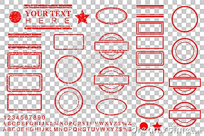 Template alphabet, number, percent, dollar, dot, star, rectangle, lines oval circle rubber stamp effect for your element design Vector Illustration