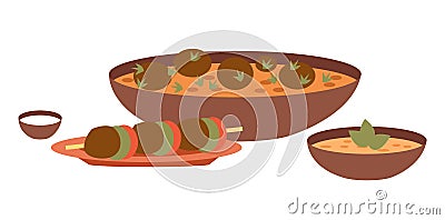 Arabic cuisine dishes vector illustration. Local food emblem. Kosher hummus and falafels on plates Vector Illustration