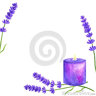 Template or background with lavender flowers and purple violet burning candle. Hand drawn watercolor illustration Stock Photo