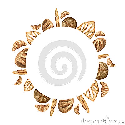 Watercolor round frame of different types of bread and croissants Stock Photo