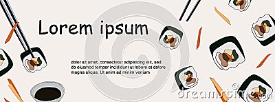 Template banner with Korean sushi for websites or social network. Traditional Korean dish gimbap Vector Illustration