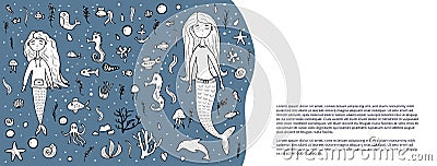 Mermaid and sea set. Vector illustration. Vector Illustration