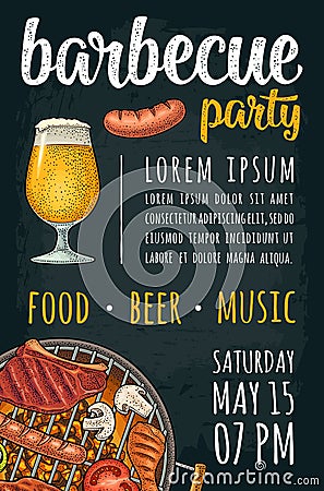 Vertical poster with bbq. Grill party calligraphic handwriting lettering. Vector Illustration