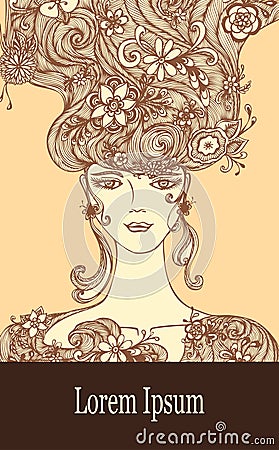 Template with Beautiful Girl with flowers hair in beige brown colors Vector Illustration