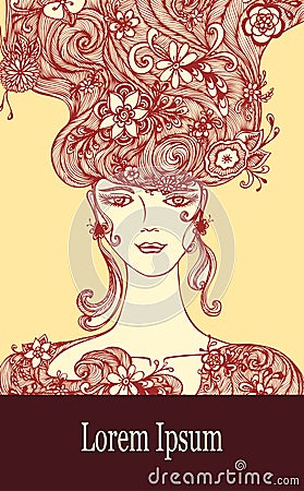 Template with Beautiful Girl with flowers hair in beige red brown colors Vector Illustration