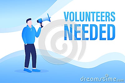 Template with blue volunteers needed man holding megaphone on white background for flyer design. Vector illustration in Vector Illustration