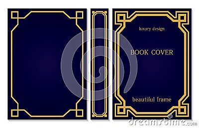 Template of Book cover and spine design. Gold Retro frames. Art Deco Brochure design. Geometric pattern. Volume cover Vector Illustration