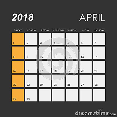 Template of calendar for April 2018 Vector Illustration