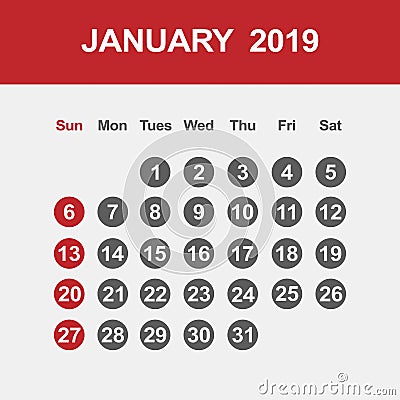 Calendar for January 2019 Stock Photo