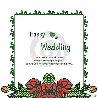 Template of card, lettering of happy wedding, with crowd cute wreath frame. Vector Vector Illustration