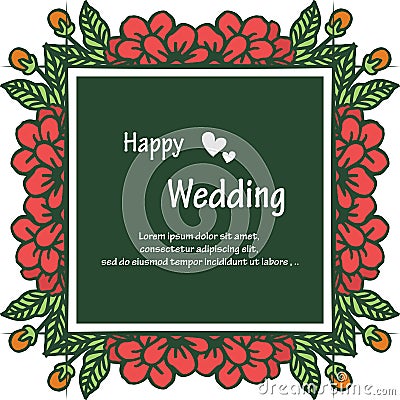 Template of card, lettering of happy wedding, with crowd cute wreath frame. Vector Vector Illustration