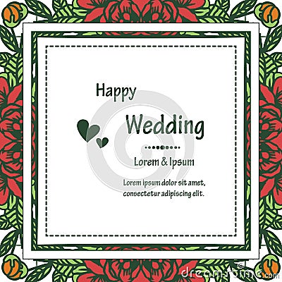 Template of card, lettering of happy wedding, with crowd cute wreath frame. Vector Vector Illustration