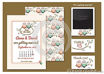 Template card with owls on a tree branch. Greeting card. Drawing owl couple. Wedding invitation, thank you card, table Vector Illustration