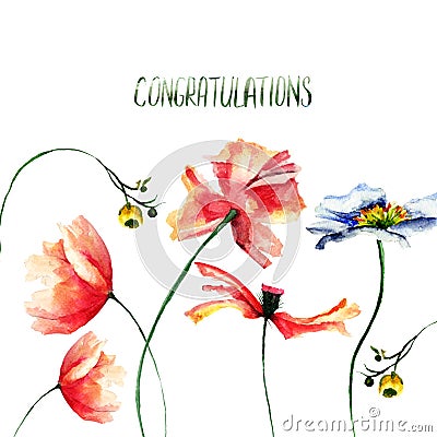 Template for card with wild flowers and title congratulations Stock Photo