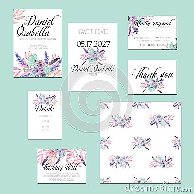 Template cards set with watercolor flower bouquets in pink and purple shades Stock Photo