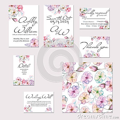 Template cards set with watercolor flowers of apple tree and roses Stock Photo