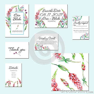 Template cards set with watercolor lupine flowers and other wildflowers Stock Photo