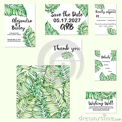 Template cards set with watercolor palm leaves Stock Photo
